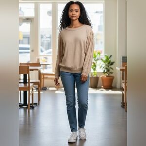 BiBi Beige Fringed Crew Neck Sweater NWT